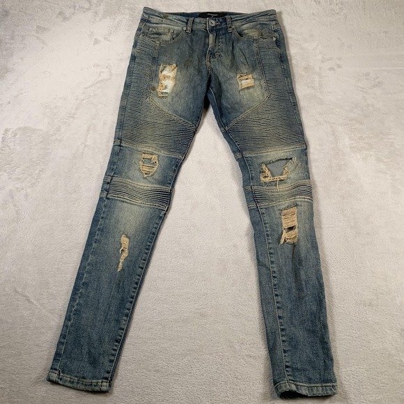 Represent Biker Jeans Destroy Mens 28 Blue Sand Wash Distressed Moto Denim Pants - Picture 1 of 16